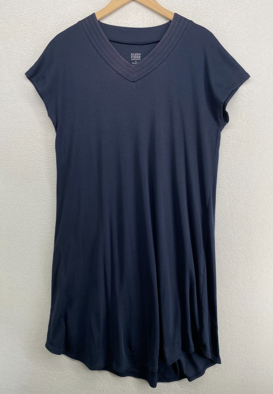 EILEEN FISHER GARNET HILL Nightgown S Organic Cotton Jersey V-Neck Shift Blue